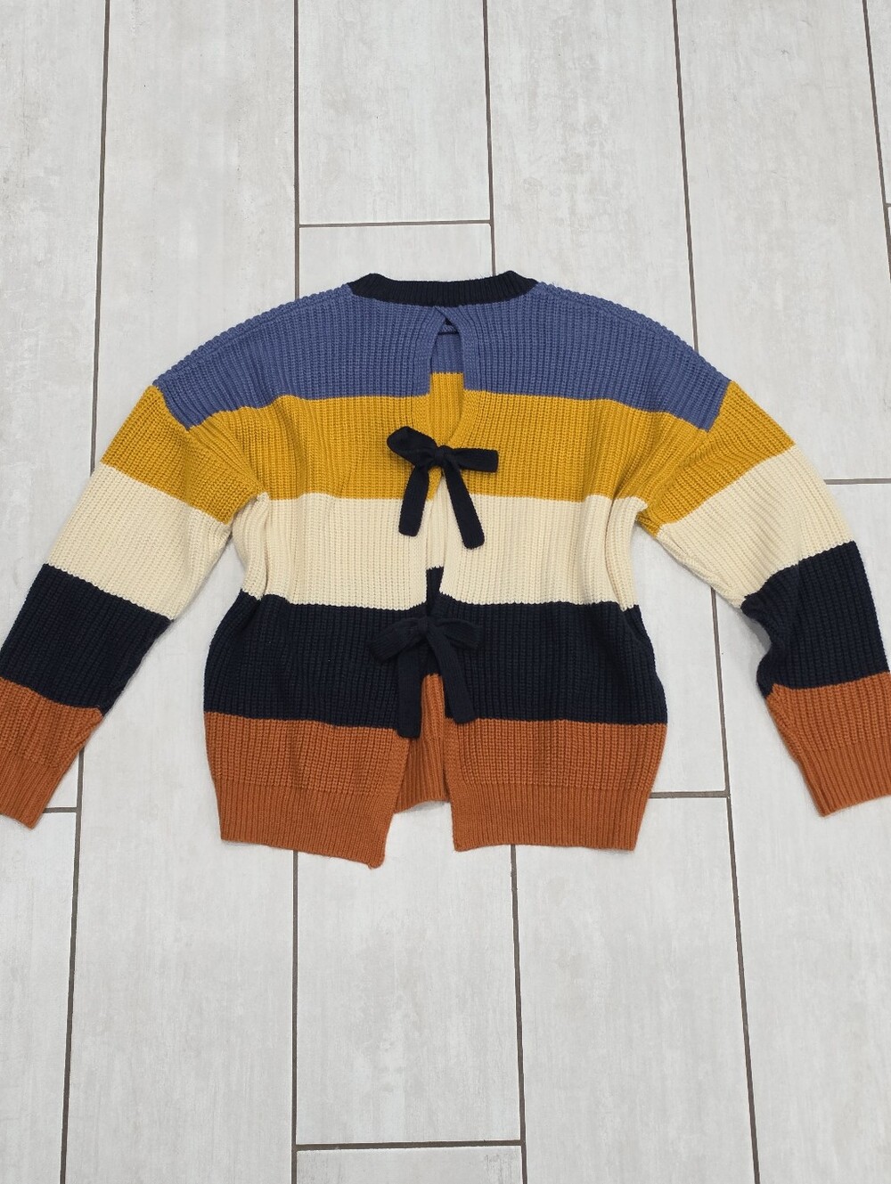 NWOT IDEM DITTO Colorblock Striped Shaker Knit Sweater with Back Bow Detail